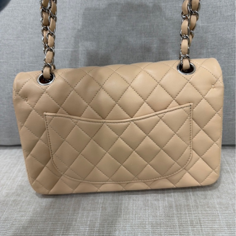 香奈兒CHANEL CF23 奶茶色銀釦羊皮鏈條包 單肩背包 斜背包小號-7