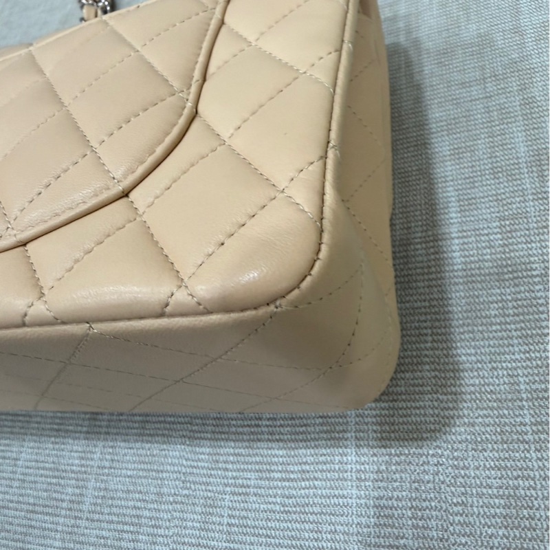 香奈兒CHANEL CF23 奶茶色銀釦羊皮鏈條包 單肩背包 斜背包小號-12