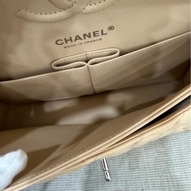 香奈兒CHANEL CF23 奶茶色銀釦羊皮鏈條包 單肩背包 斜背包小號-19