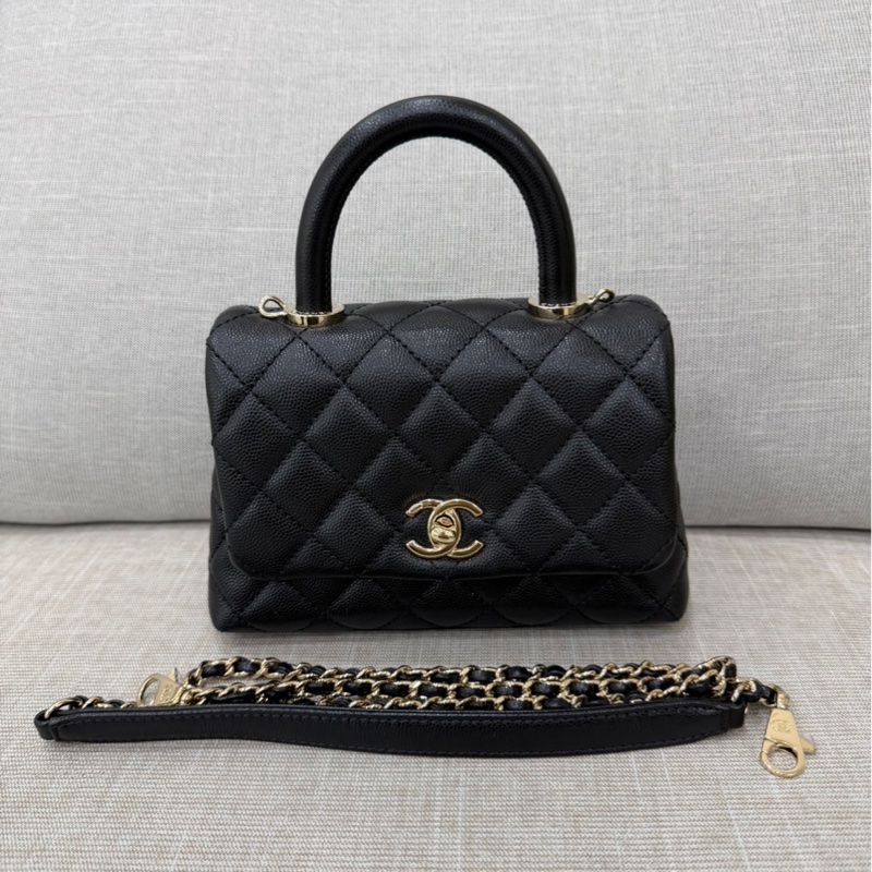 香奈兒 Chanel cocohandle mini 荔枝牛皮 黑金-6