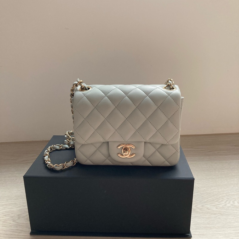 9成新 Chanel 香奈兒 方胖子 羊皮 淡金釦 淺灰色 cf17 方胖子-0