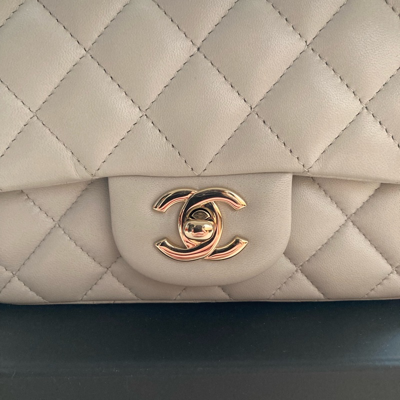 9成新 Chanel 香奈兒 方胖子 羊皮 淡金釦 淺灰色 cf17 方胖子-1