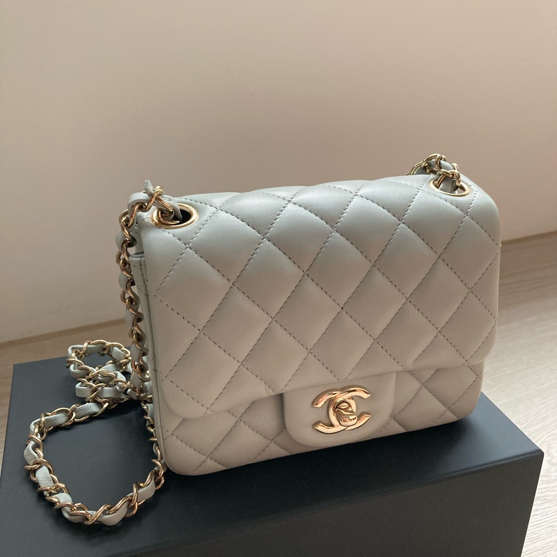 9成新 Chanel 香奈兒 方胖子 羊皮 淡金釦 淺灰色 cf17 方胖子-2