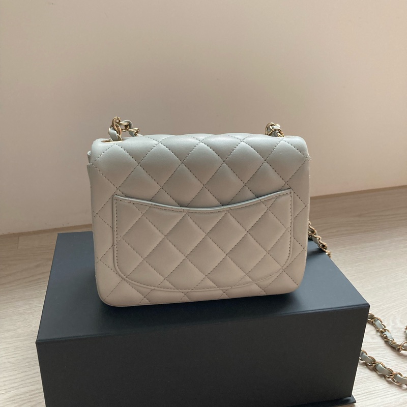 9成新 Chanel 香奈兒 方胖子 羊皮 淡金釦 淺灰色 cf17 方胖子-3