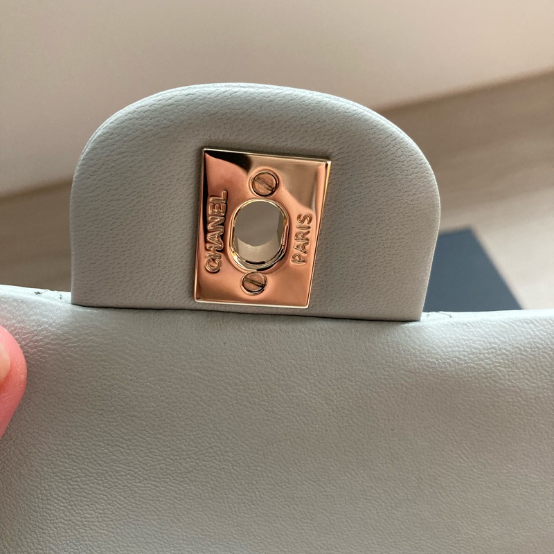 9成新 Chanel 香奈兒 方胖子 羊皮 淡金釦 淺灰色 cf17 方胖子-5