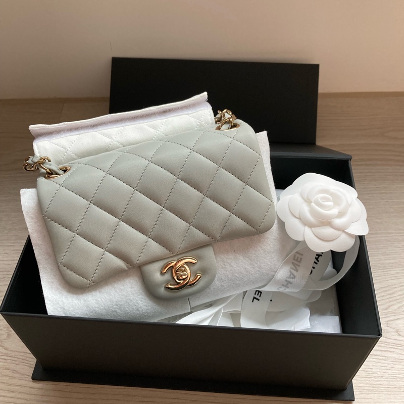 9成新 Chanel 香奈兒 方胖子 羊皮 淡金釦 淺灰色 cf17 方胖子-7