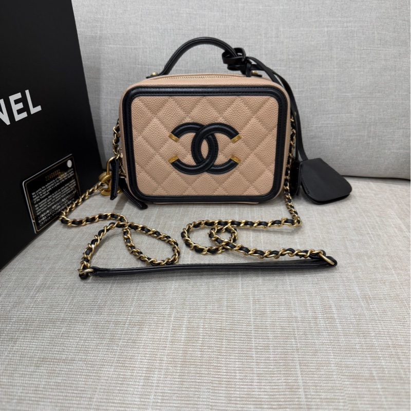 香奈兒CHANEL vanity 奶茶色拼色 相機包 荔枝牛皮 小號-0