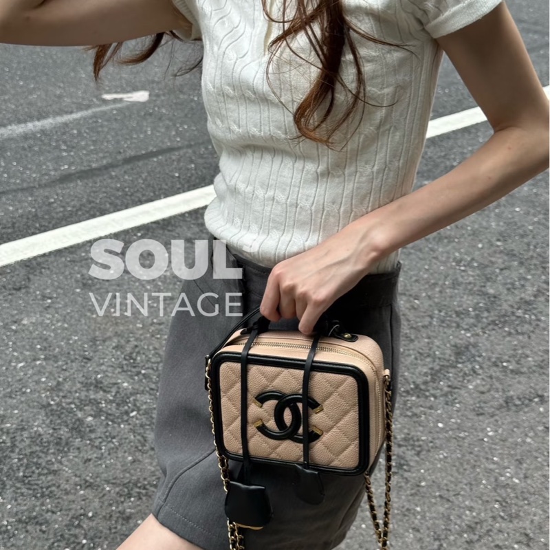 香奈兒CHANEL vanity 奶茶色拼色 相機包 荔枝牛皮 小號-1