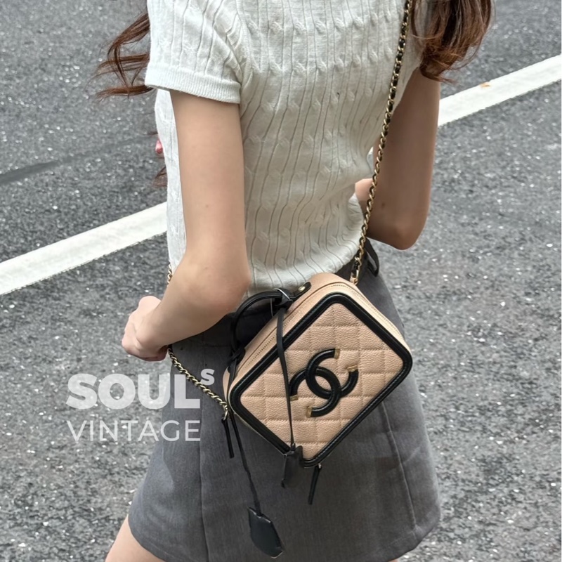 香奈兒CHANEL vanity 奶茶色拼色 相機包 荔枝牛皮 小號-2