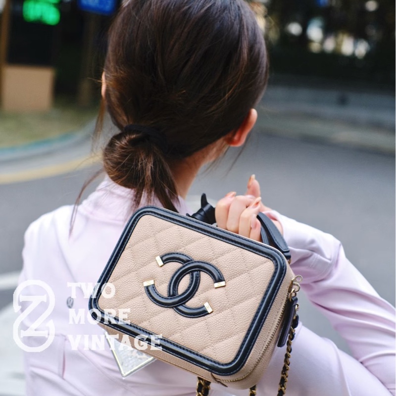 香奈兒CHANEL vanity 奶茶色拼色 相機包 荔枝牛皮 小號-4