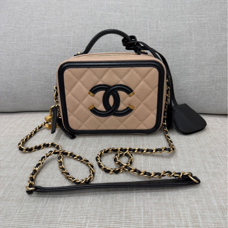 香奈兒CHANEL vanity 奶茶色拼色 相機包 荔枝牛皮 小號-7