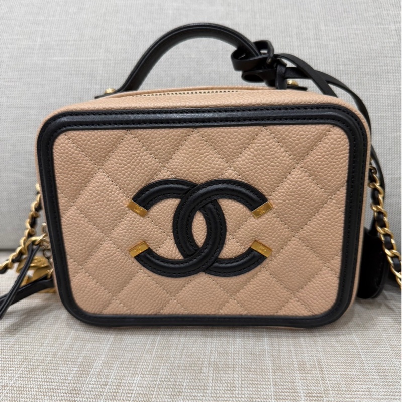 香奈兒CHANEL vanity 奶茶色拼色 相機包 荔枝牛皮 小號-8