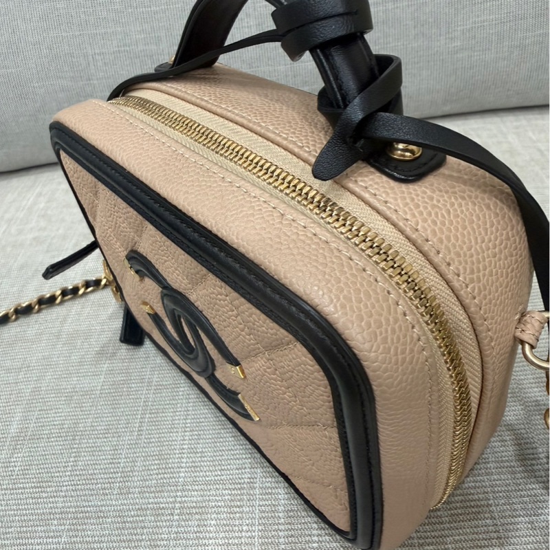 香奈兒CHANEL vanity 奶茶色拼色 相機包 荔枝牛皮 小號-16