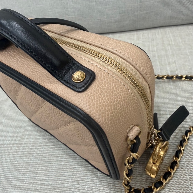 香奈兒CHANEL vanity 奶茶色拼色 相機包 荔枝牛皮 小號-18