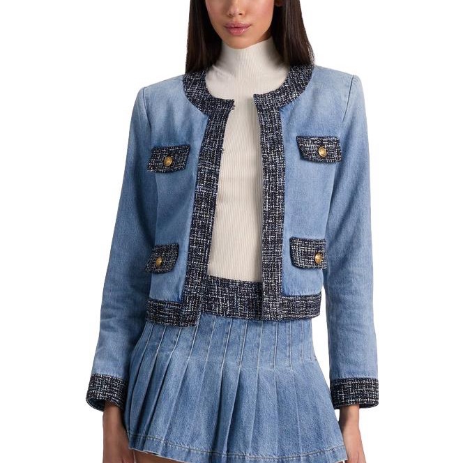 90）全新Alice +Olivia正品新款短版內裡緞面牛仔外套 L號 原價595美元-0