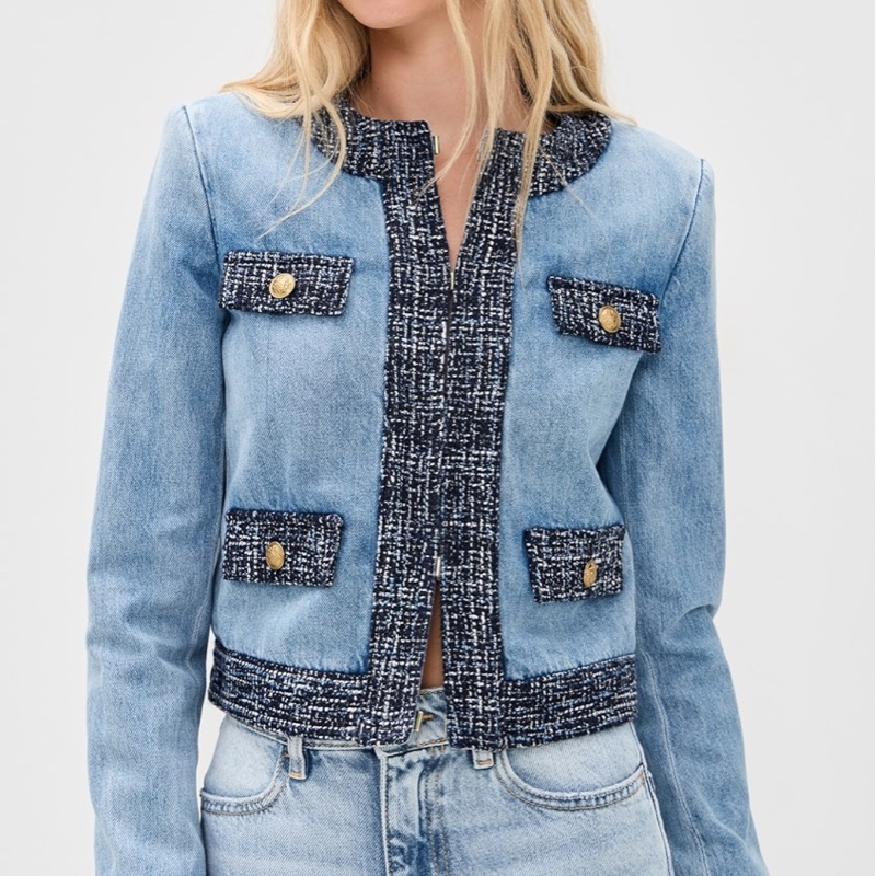 90）全新Alice +Olivia正品新款短版內裡緞面牛仔外套 L號 原價595美元-4