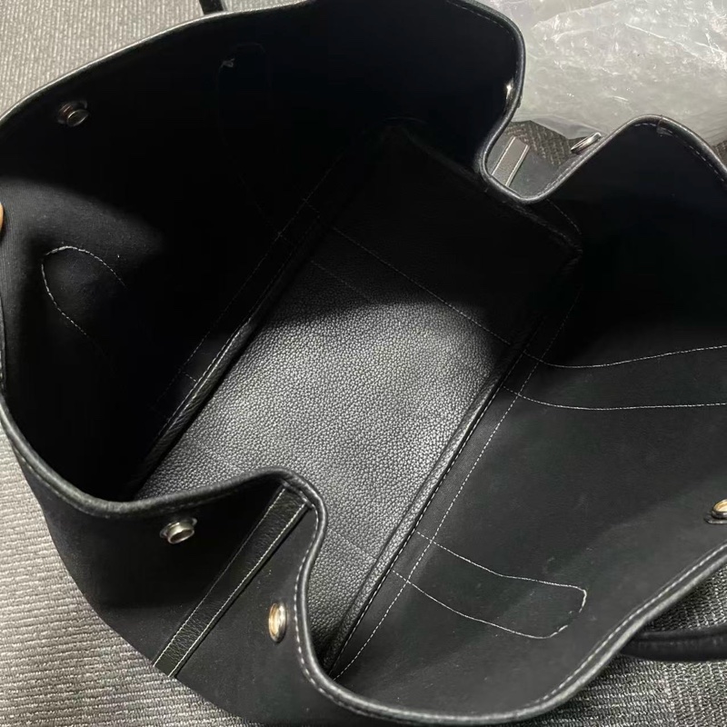 「JL精品代購」 愛馬仕黑色帆布拼皮花園36手提腋下托特包-4