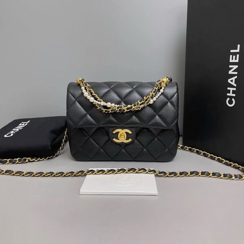 Chanel香奈兒 CF黑金全皮菱格珍珠鏈條方胖子 芯片