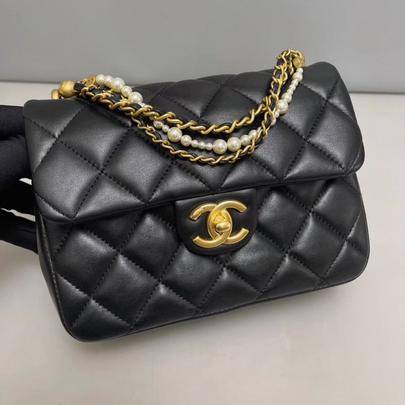 Chanel香奈兒 CF黑金全皮菱格珍珠鏈條方胖子 芯片-5