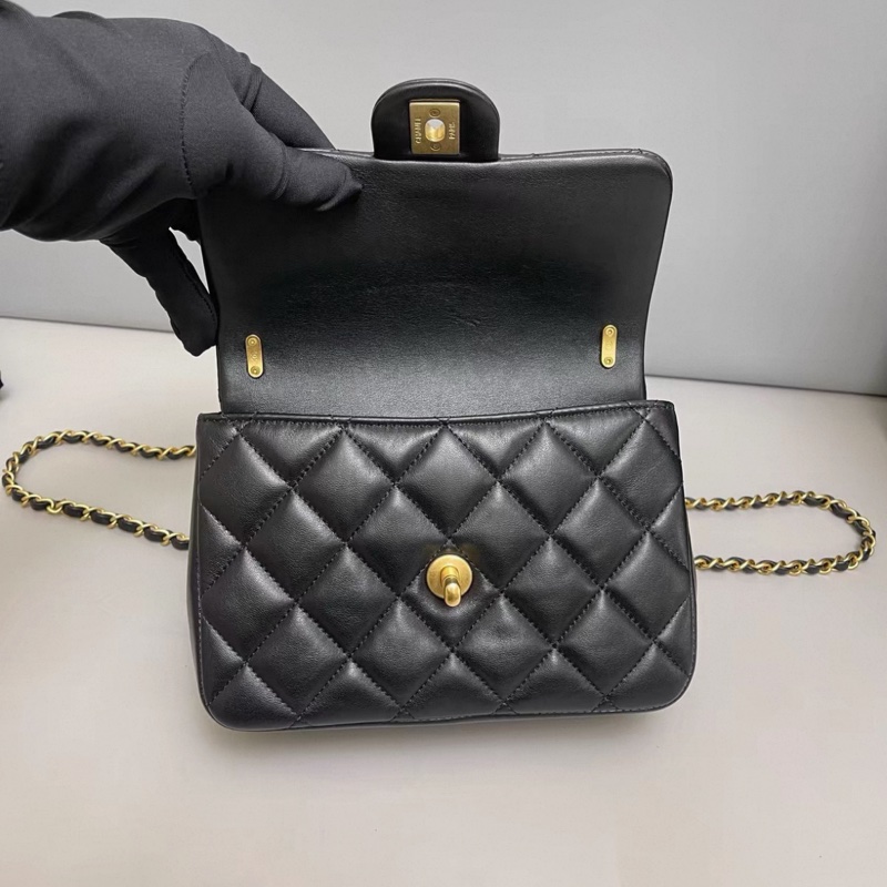 Chanel香奈兒 CF黑金全皮菱格珍珠鏈條方胖子 芯片-6