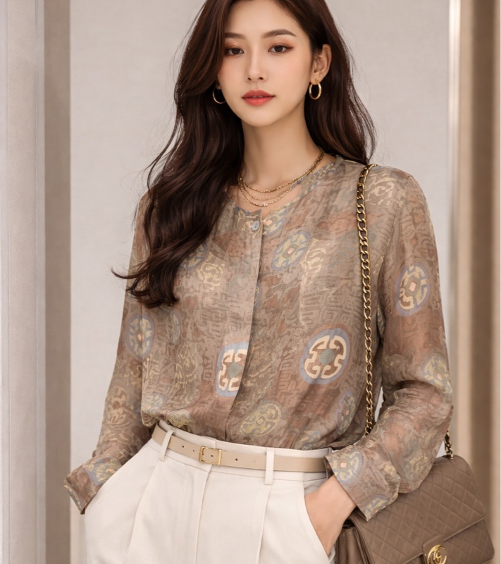 90）Cerruti 1881品牌輕奢復古印花真絲襯衫｜氣質透膚設計上衣 S-L皆可穿 9成新-0