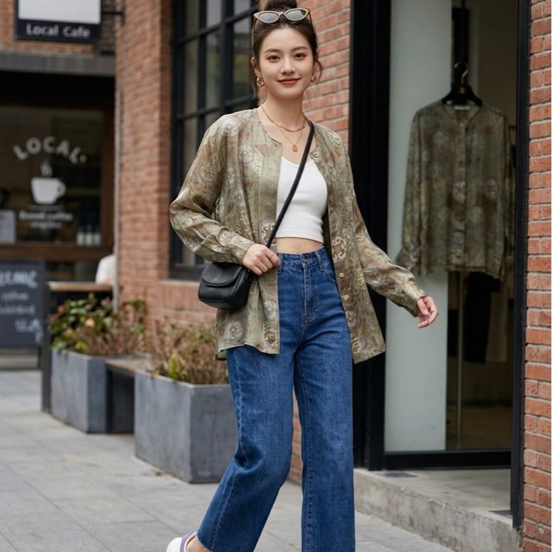 90）Cerruti 1881品牌輕奢復古印花真絲襯衫｜氣質透膚設計上衣 S-L皆可穿 9成新-1