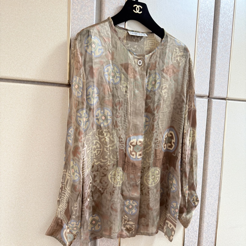 90）Cerruti 1881品牌輕奢復古印花真絲襯衫｜氣質透膚設計上衣 S-L皆可穿 9成新-8