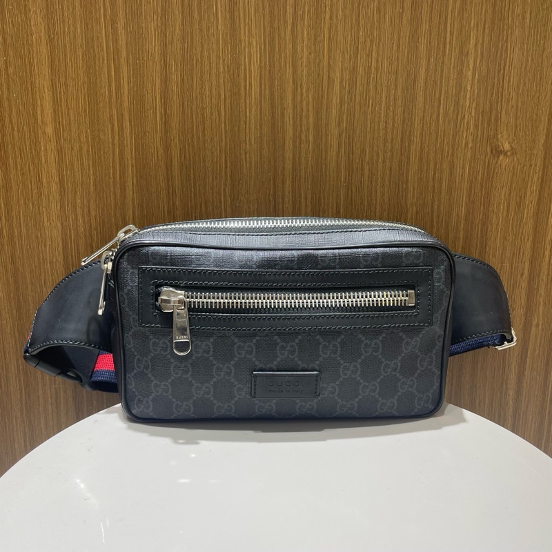 古馳|條紋腰包帆布拼皮 黑色-0