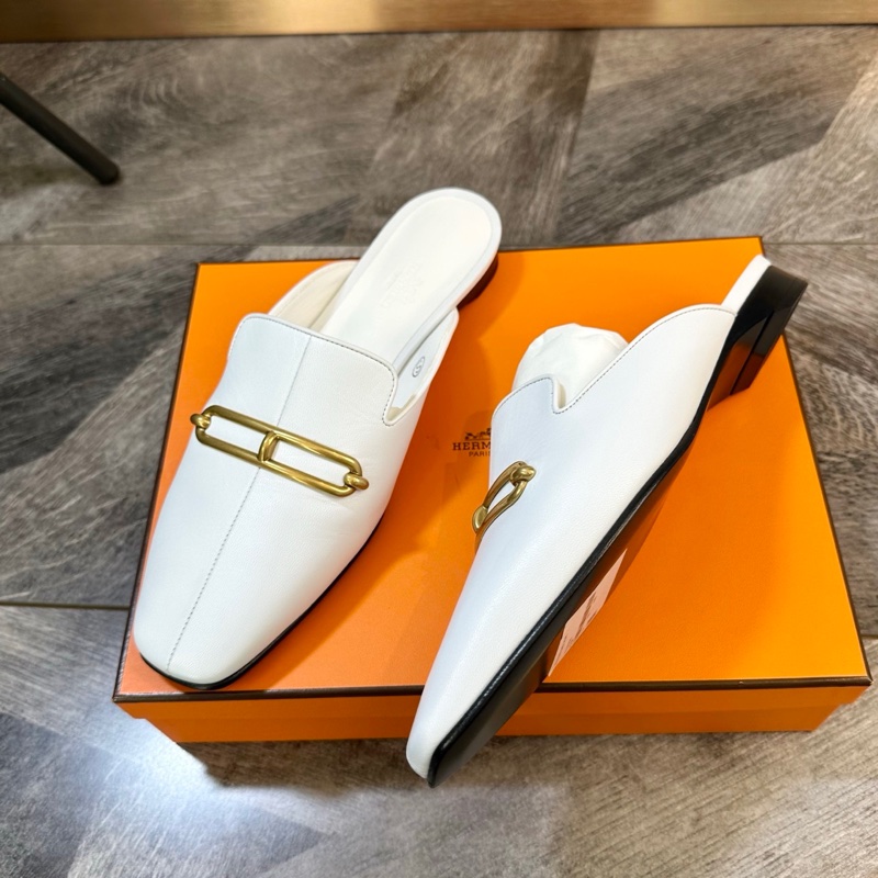全新 Hermes 愛馬仕 roulis豬鼻子白金平底穆勒鞋拖 包頭拖鞋 山羊皮 百搭時尚 女款 白36碼-3