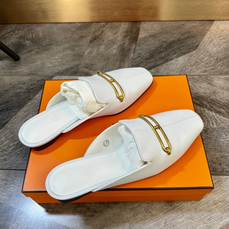 全新 Hermes 愛馬仕 roulis豬鼻子白金平底穆勒鞋拖 包頭拖鞋 山羊皮 百搭時尚 女款 白36碼-4