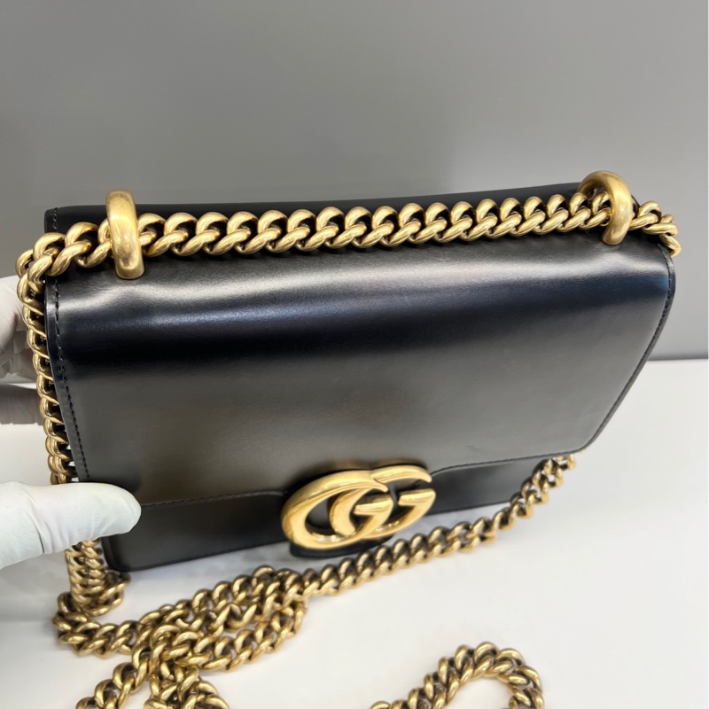 古馳Gucci馬蒙雙G box皮風琴信封包woc黑色19x5.5x15-4