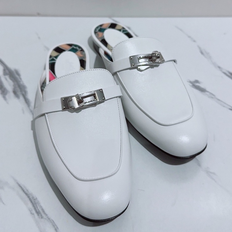 99新Hermes愛馬仕Oz kelly白色拖鞋，穆勒鞋，半拖，38碼-0