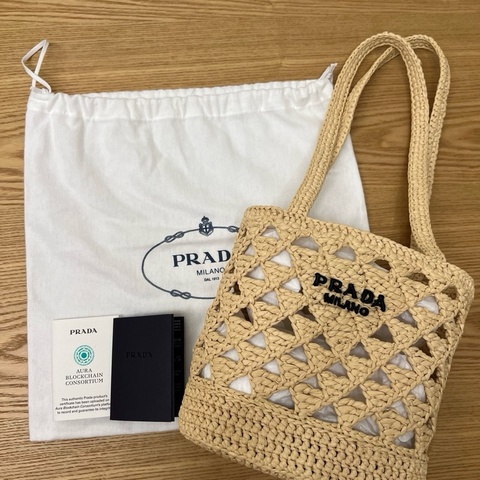 ⭐️全新⭐️PRADA 夏天拉菲草編織包 Logo raffia-effect crochet tote bag 編織包