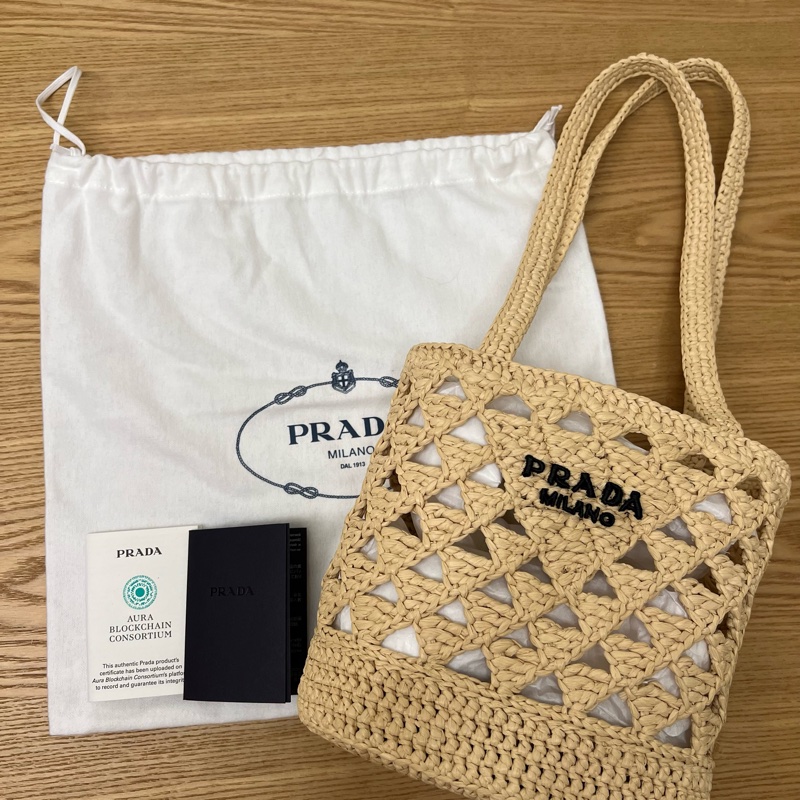 ⭐️全新⭐️PRADA 夏天拉菲草編織包 Logo raffia-effect crochet tote bag 編織包-5