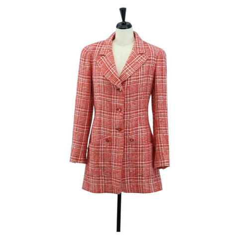 香奈兒紅色斜紋軟呢外套，CC標誌，貨號158560M