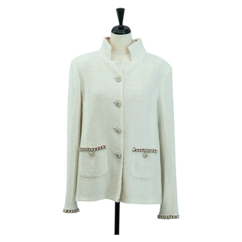 香奈兒白色斜紋軟呢外套，CC標誌，貨號158561SM