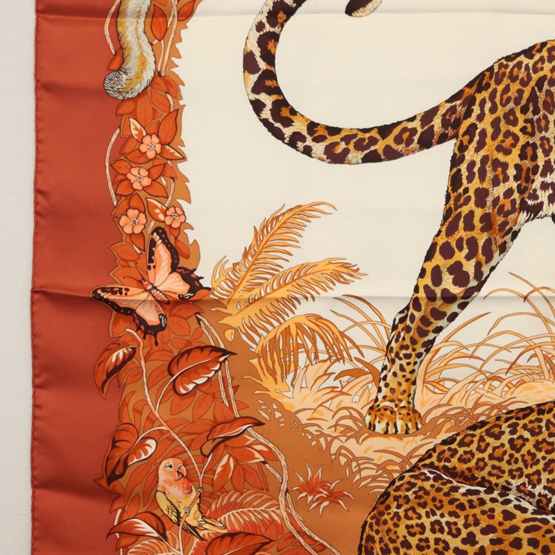 【日本直送】愛馬仕 Carre 90 絲巾 「叢林之戀」 橘色真絲款 Auth am10854V-4