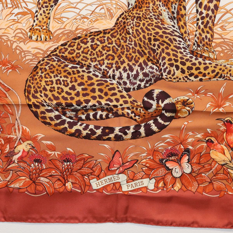 【日本直送】愛馬仕 Carre 90 絲巾 「叢林之戀」 橘色真絲款 Auth am10854V-8