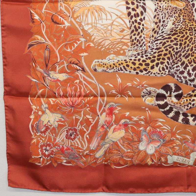 【日本直送】愛馬仕 Carre 90 絲巾 「叢林之戀」 橘色真絲款 Auth am10854V-21