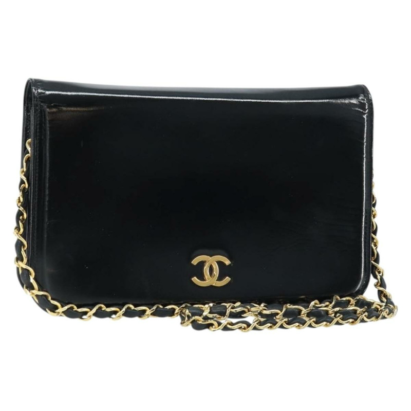 【日本直送】香奈兒鏈條肩背包 漆皮 黑色 金色 CC 標誌 Auth bs32777-0