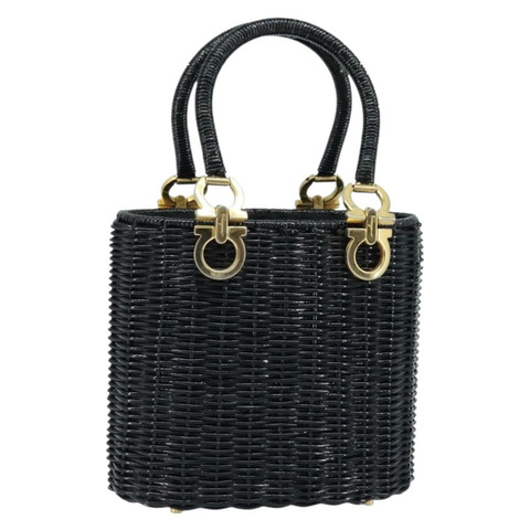Salvatore Ferragamo Gancini 手提包，藤編黑色金色，正品 ARZ047V