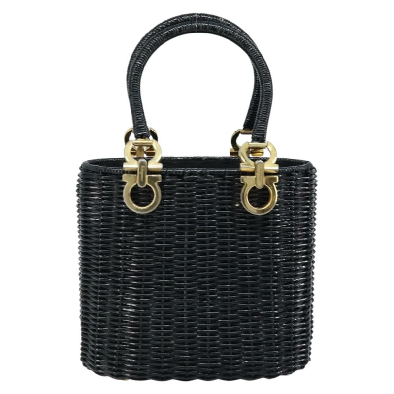 【日本直送】Salvatore Ferragamo Gancini 手提包，藤編黑色金色，正品 ARZ047V-1
