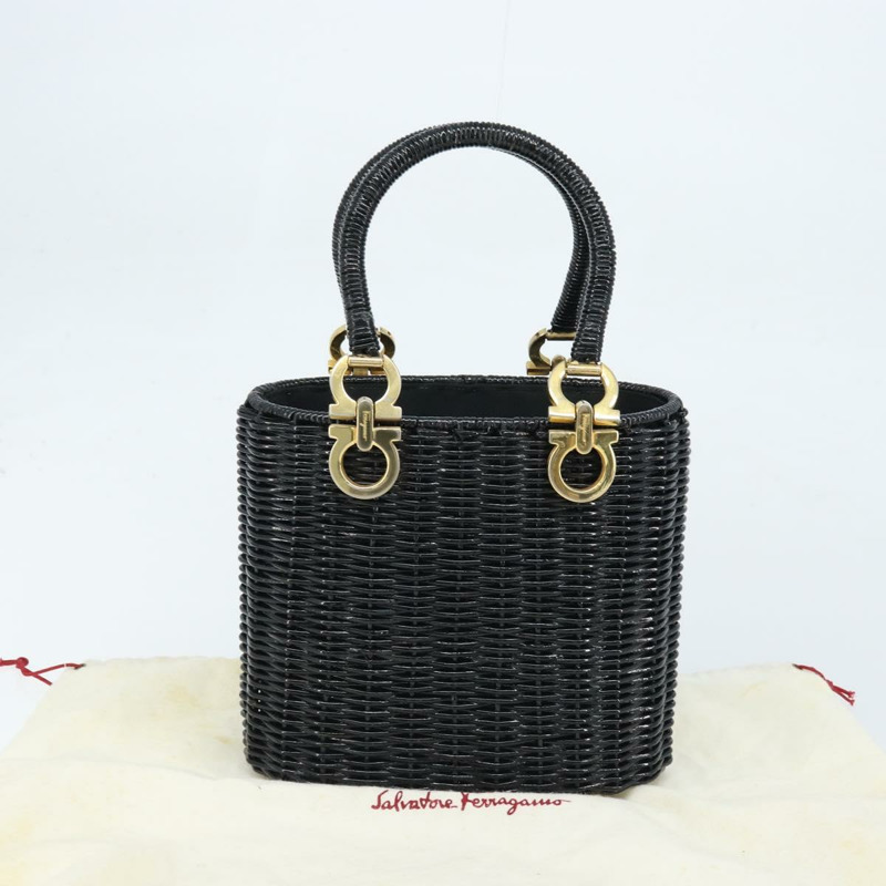【日本直送】Salvatore Ferragamo Gancini 手提包，藤編黑色金色，正品 ARZ047V-11