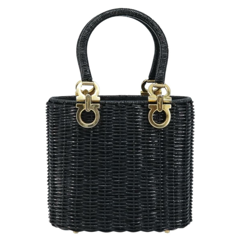 【日本直送】Salvatore Ferragamo Gancini 手提包，藤編黑色金色，正品 ARZ047V-12