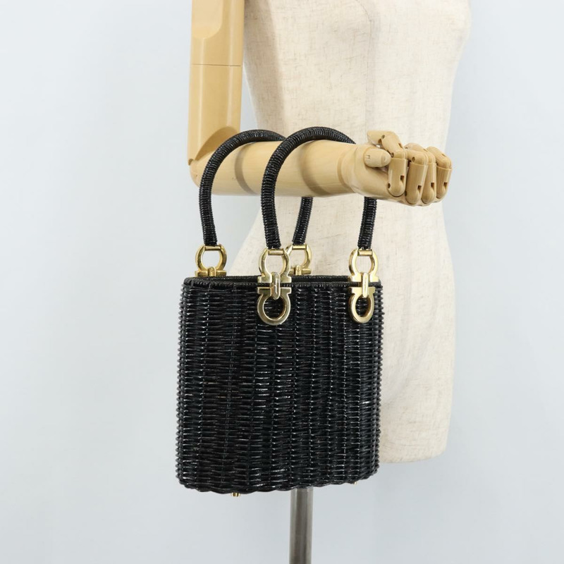 【日本直送】Salvatore Ferragamo Gancini 手提包，藤編黑色金色，正品 ARZ047V-20