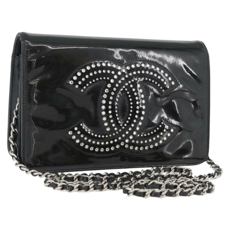 【日本直送】香奈兒 COCO 標誌鏈條單背包，漆皮黑色銀色 CC 標誌，正品編號 172433SAV-0