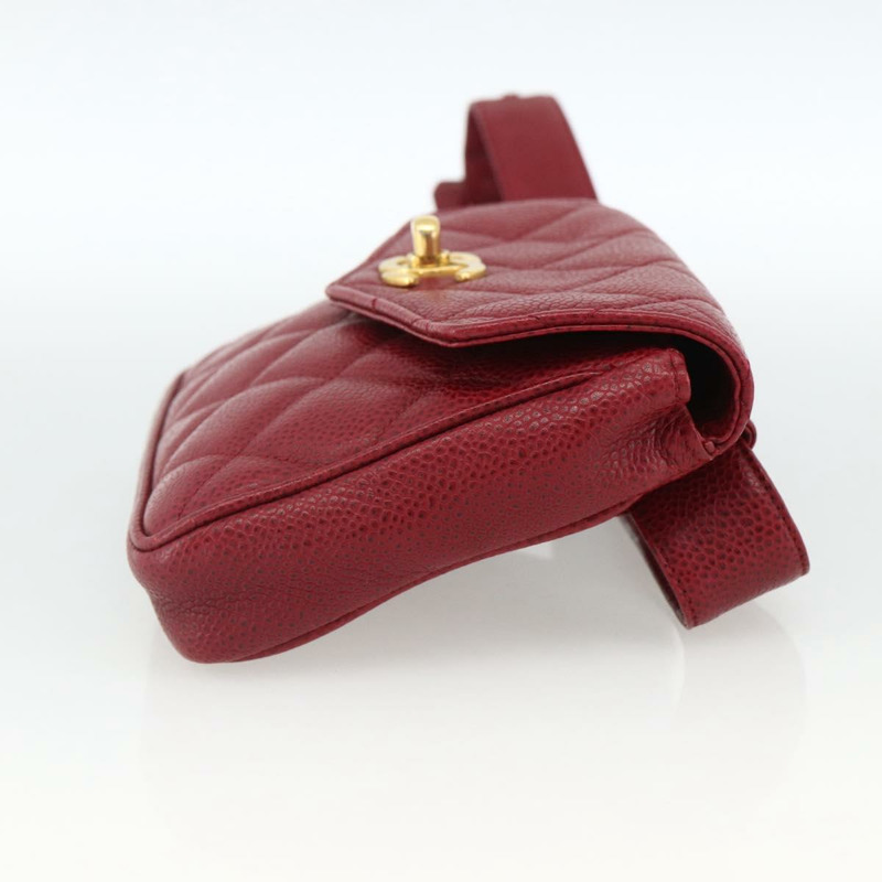 【日本直送】香奈兒 Matelasse 腰包 魚子醬紋皮革 紅色 金 CC 標誌 Auth 173394A-3