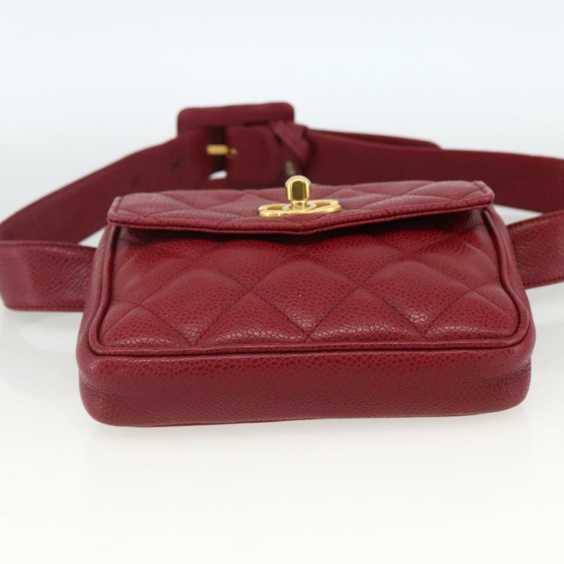 【日本直送】香奈兒 Matelasse 腰包 魚子醬紋皮革 紅色 金 CC 標誌 Auth 173394A-4