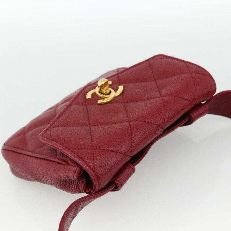 【日本直送】香奈兒 Matelasse 腰包 魚子醬紋皮革 紅色 金 CC 標誌 Auth 173394A-5