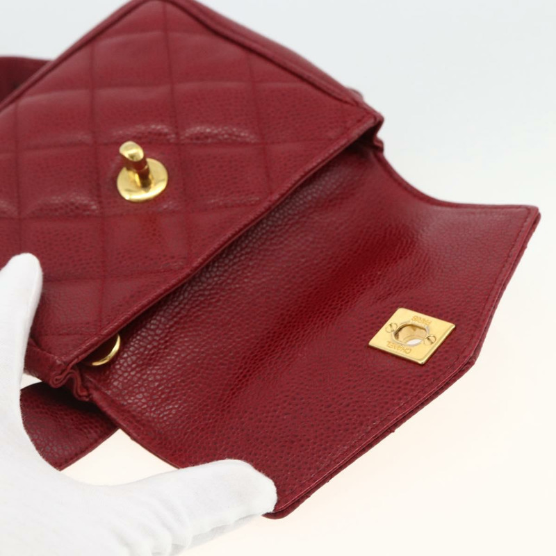 【日本直送】香奈兒 Matelasse 腰包 魚子醬紋皮革 紅色 金 CC 標誌 Auth 173394A-9